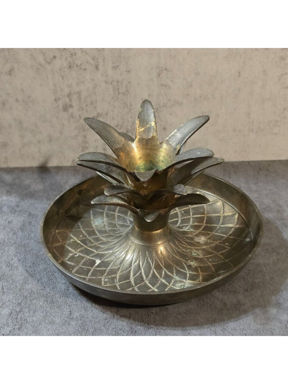 Vtg Solid Brass Pineapple Chamberstick Candle Holder Etched Base Made in India